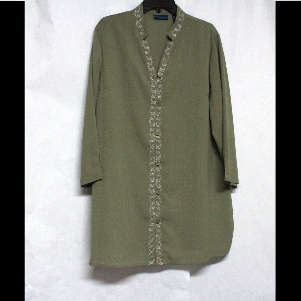 Karen Scott Women's XL Green Button Down Tunic Top & Decorative Trim